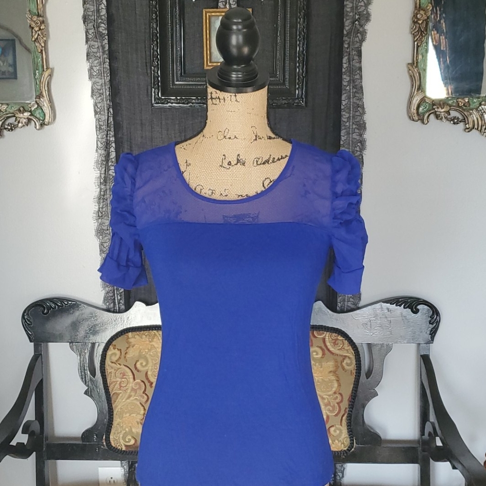 I.N.C. sheer and opaque blue ruched sleeved top!!!